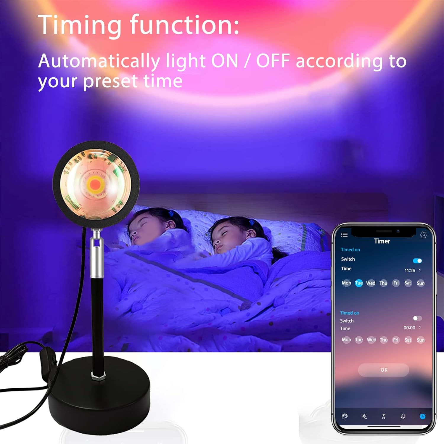Sunset Lamp Projector projecting colored light to a kids bedroom