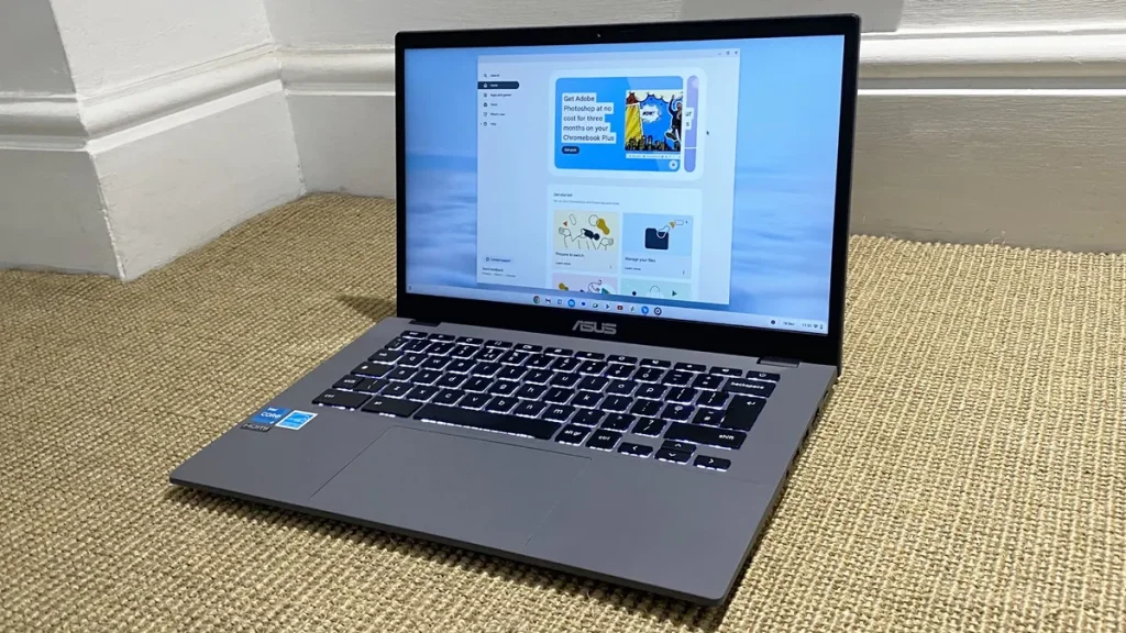 Asus Chromebook Plus CX34 (CX3402CBA-DH386-WH) Laptop placed on the floor