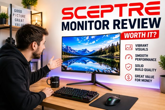 Man looking at the Sceptre monitor review article on a monitor