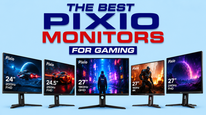Five Pixio Monitors side by side