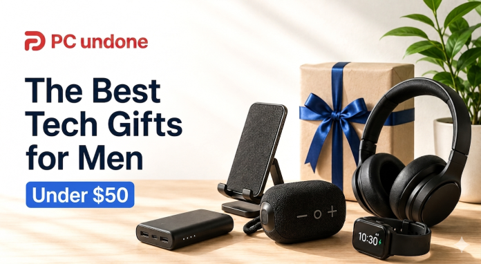 Some of the Best Tech Gifts For Men Under $50 placed on a table