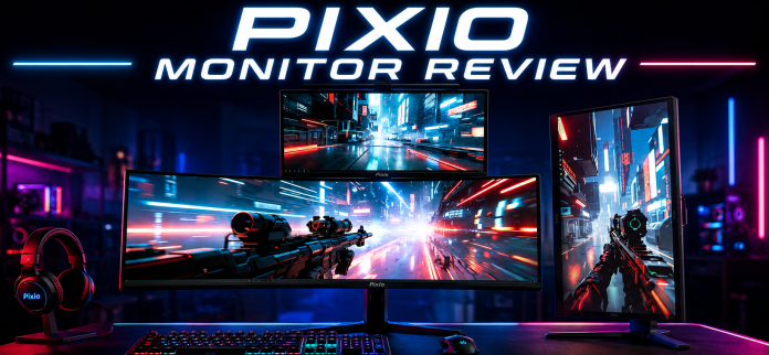 Pixio Monitor Review Featured Image showing three Pixio gaming monitors